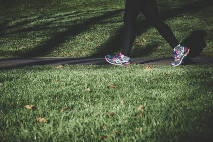 Adult running on a park path as part of a weekly physical activity plan